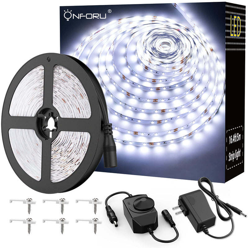 Onforu White LED Strip Lights, 16.4ft Dimmable LED Light Strip, 6000K Bright Daylight White Tape Light, 5M 12V Ribbon Light, 300 LEDs Flexible Vanity Mirror Light for Under Cabinet, Bedroom, Kitchen - NewNest Australia