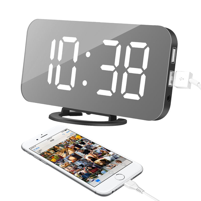 NewNest Australia - Alarm Clock, LED Digital Clock with 6.5" Large Display, Dual USB Charging Ports, Easy Snooze Function, Diming Mode, Mirror Surface Clock for Bedroom Living Room Office Travel (White Digital) White Digital 