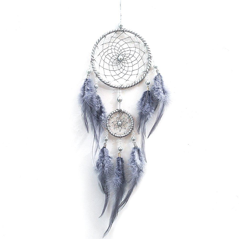 NewNest Australia - HBEDU Dream Catchers Handmade with Feather and Beads Craft Artwork Circular Net for Car Kids Bed Room Wall Hanging Home Decoration Pack of 1 (Gray) Gray 