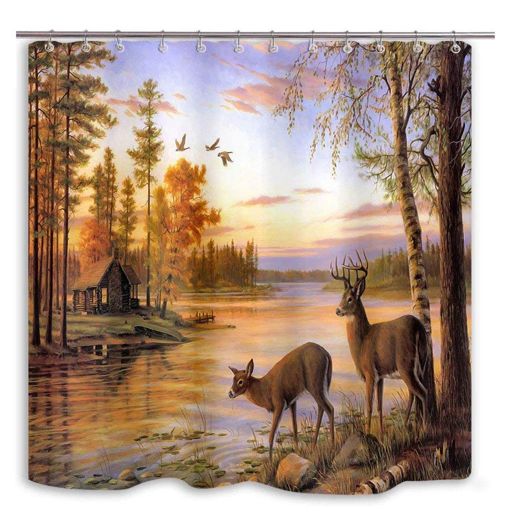 DYNH Elk Shower Curtain Animals Theme, Deer Safair in Stream River at Forest Sunset Shower Curtain, Fabric Bathroom Decor Accessories, Bath Curtains 12 PCS Hooks, 69X70IN 69"X70" - NewNest Australia