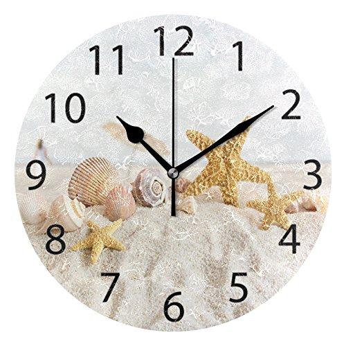 NewNest Australia - ALAZA Seashells on Ocean Beach Round Acrylic Wall Clock, Silent Non Ticking Oil Painting Home Office School Decorative Clock Art 