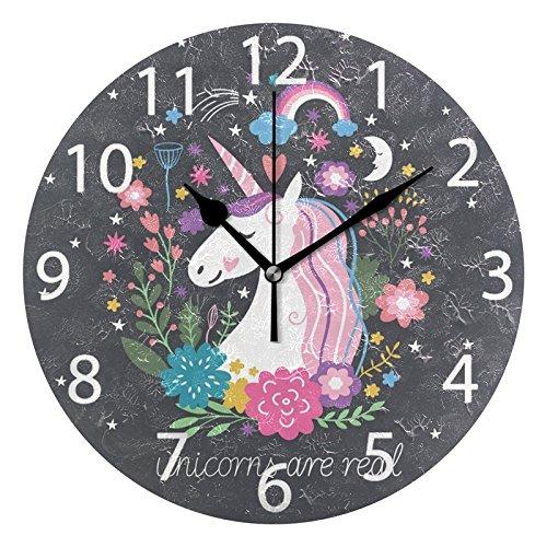 NewNest Australia - ALAZA Cute Unicorn with Rainbow Stars Round Acrylic Wall Clock, Silent Non Ticking Oil Painting Home Office School Decorative Clock Art 