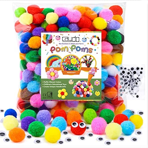 Caydo [400 pcs] - 300 Pieces 1 Inch Assorted Pompoms with 100pieces Wiggle Eyes Multicolor Arts and Crafts Pom Poms Balls for Kids DIY Art Creative Crafts Decorations - NewNest Australia