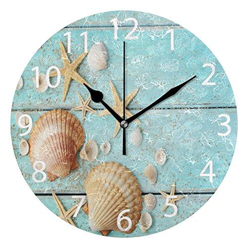 NewNest Australia - ALAZA Vintage Marine Seashells Round Acrylic Wall Clock, Silent Non Ticking Oil Painting Home Office School Decorative Clock Art 