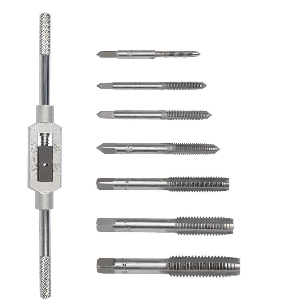 OFNMY 8PCS Tap Wrench Set, Metric Tap Set, Tap Machine Hand Screw Thread Taps Set Thread Metric Plug Tap Drill Bits Set M3 M4 M5 M6 M8 M10 M12 with Adjustable Tap Reamer Wrench Hardware Tool 1/16-1/2" - NewNest Australia