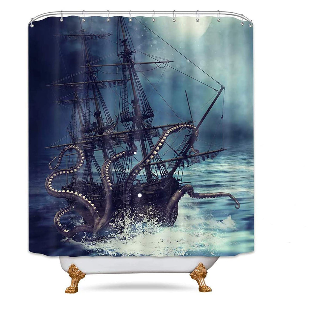 Riyidecor Octopus Kraken Nautical Shower Curtain Pirate Ship Boys Kids Steampunk Sailboat Ocean Bathroom Decor Fabric Polyester Waterproof 72x72 Inch with 12 Pack Hooks 72Wx72H Blue Black - NewNest Australia