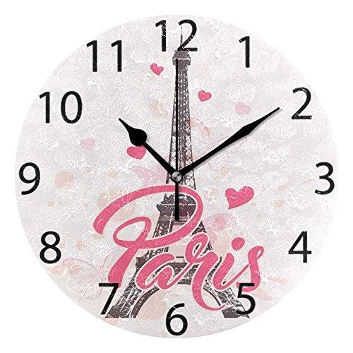 NewNest Australia - ALAZA Pink Paris with Love Round Acrylic Wall Clock, Silent Non Ticking Oil Painting Home Office School Decorative Clock Art Eiffel 