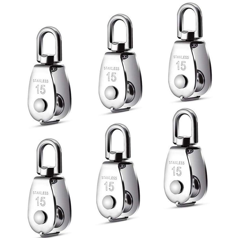 Dorhea 6 Pack 0.59" Single Pulley Block 304 Stainless Steel M15 Crane Swivel Hook Single Pulley Roller Smooth Wire Rope Cable Heavy Loading 0.59 inch - NewNest Australia