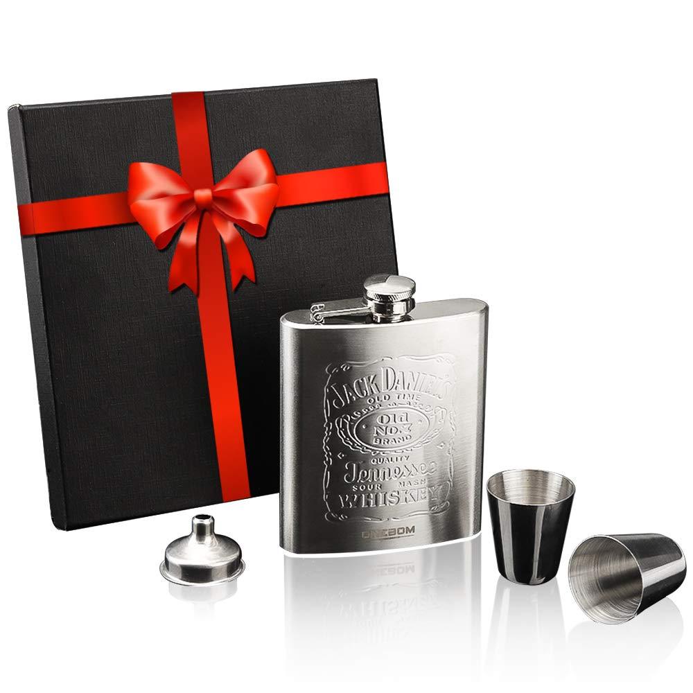 NewNest Australia - OneBom Hip Flask 7oz, Engraved Flask with Funnel & Shot Glass Set, FDA 304 Stainless Steel, Brushed Leak Proof, Portable Pocket Size with Gift Box for Wine Lover (Stainless Steel) 