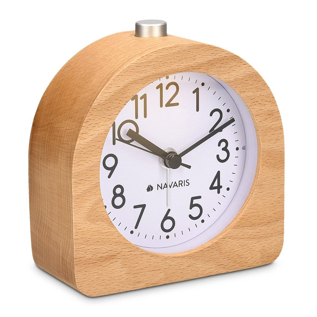 NewNest Australia - Navaris Wood Analog Alarm Clock - Half-Round Battery-Operated Non-Ticking Clock with Snooze Button and Light - Light Brown 