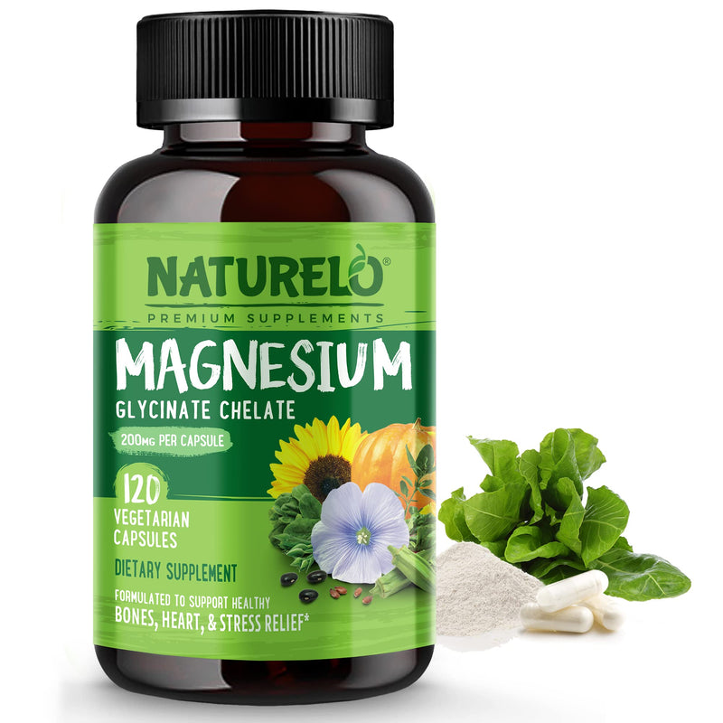NATURELO Magnesium Glycinate Supplement - 200 mg Glycinate Chelate with Organic Vegetables to Support Sleep, Calm, Muscle Cramp & Stress Relief – Gluten Free, Non GMO - 120 Capsules 120 Count (Pack of 1) - NewNest Australia
