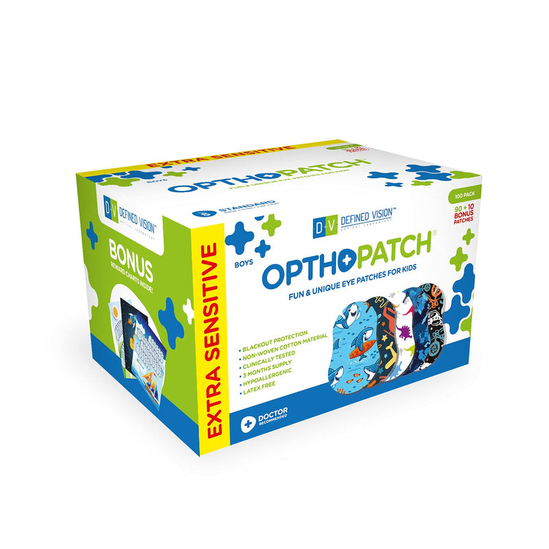 OPTHOPATCH Kids Eye Patches - Fun Boys Design - 90+10 Bonus Latex Free Hypoallergenic Cotton Extra Sensitive Adhesive Bandages for Amblyopia & Cross Eye-3 Reward Chart Posters by Defined Vision - NewNest Australia