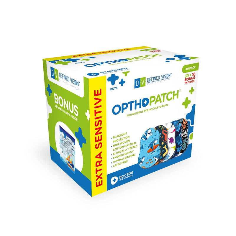 OPTHOPATCH Kids Eye Patches - Fun Boys Design - 30 + 10 Bonus Latex Free Hypoallergenic Cotton Extra Sensitive Adhesive Bandages for Amblyopia & Cross Eye-3 Reward Chart Posters by Defined Vision - NewNest Australia