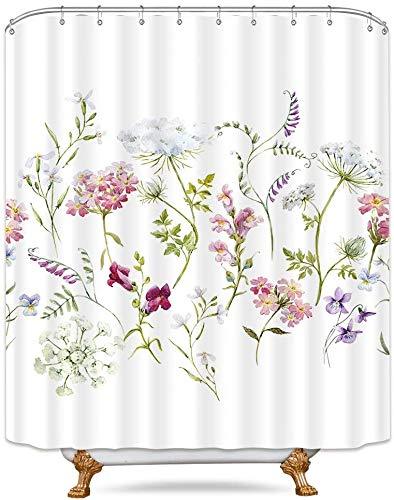 Riyidecor Herbs Floral Plants Shower Curtain Watercolor Wildflowers Delicate Flower Pink Tansy Pansies Retro White Decor Fabric Bathroom Polyester Waterproof 72" W x 72" H Plastic Hooks 12 Pack 72Wx72H - NewNest Australia