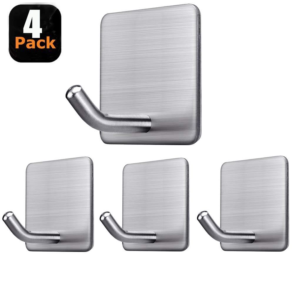 NewNest Australia - Adhesive Hooks Heavy Duty Wall Hooks Hangers Stick on Towel Hooks for Hanging Bathroom Kitchen Home Door Closet Cabinet-Stainless Steel-4 Packs 