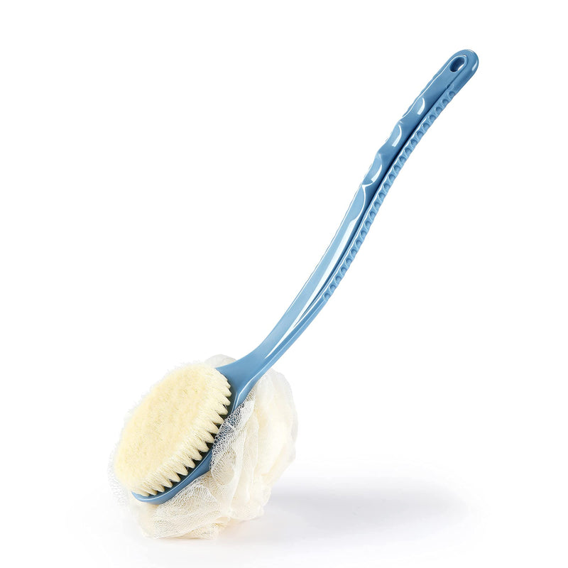 Shower Body Brush with Bristles and Loofah,Back Scrubber Bath Mesh Sponge with Curved Long Handle for Skin Exfoliating Bath, Massage Bristles Suitable for Wet or Dry, Men and Women (Blue) - NewNest Australia