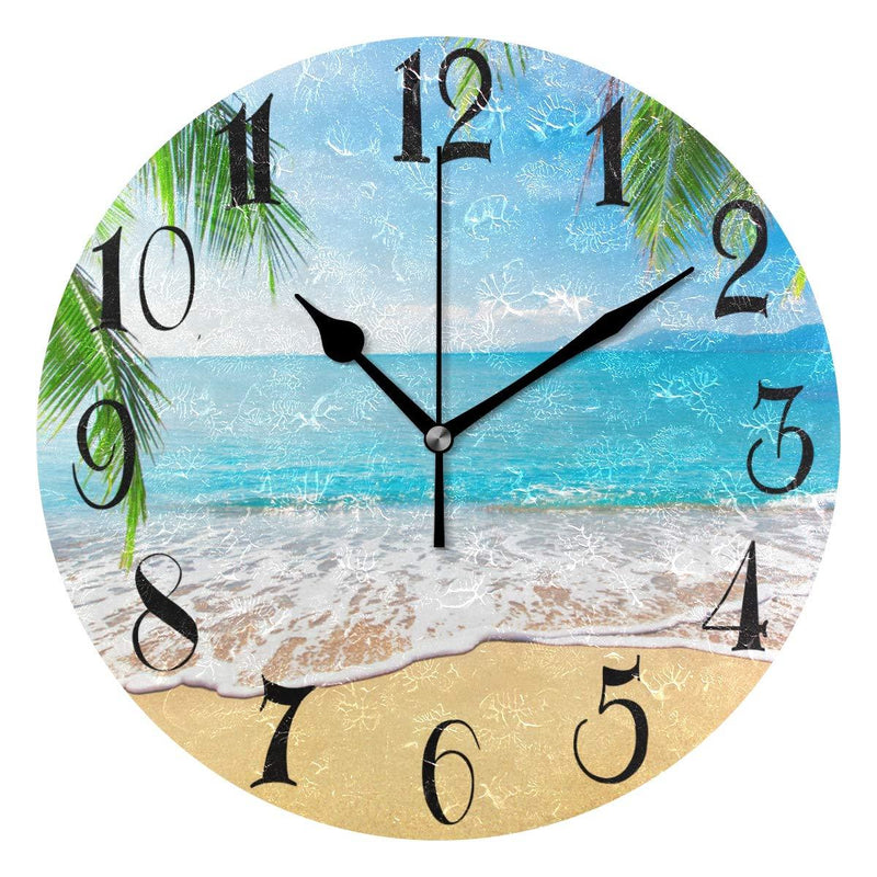 NewNest Australia - ZOEO Palm Trees Hawaiian Tropical Seashore Beach Clock Acrylic Painted Silent Non-Ticking Round Wall Clock Home Art Bedroom Living Dorm Room Decor 