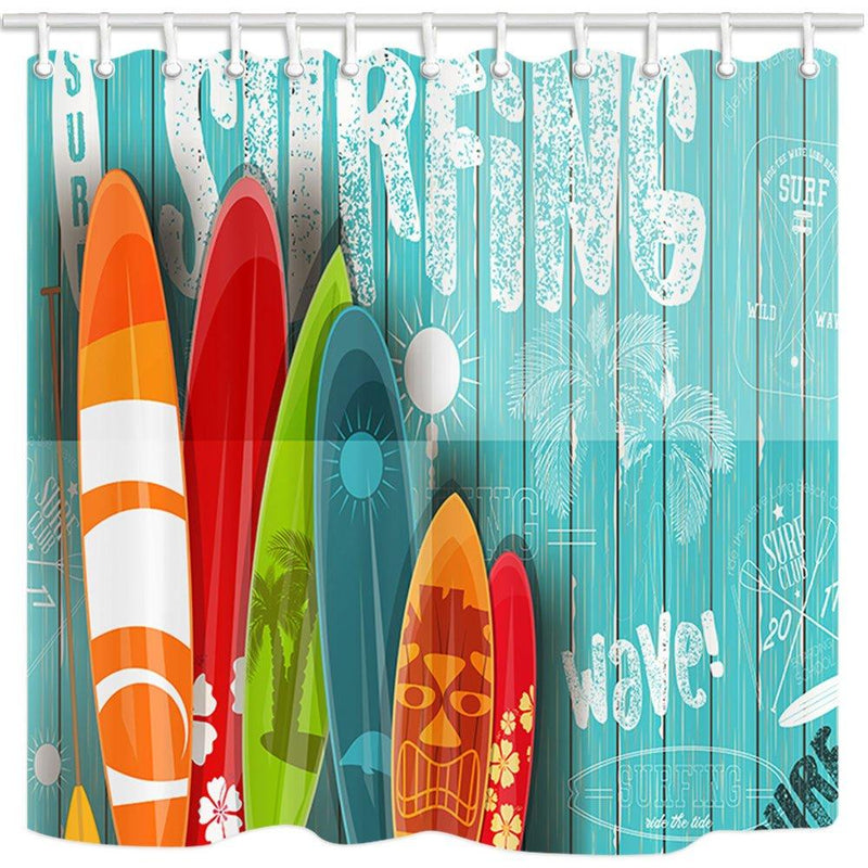 NYMB 3D Digital Printing Summer Surfing Shower Curtain, Surfboard in Vintage Style on Turquoise Wooden Fabric Shower Curtains, Bathroom Decorations, Bath Curtains Hooks Included, (69X70in) 69X70in - NewNest Australia