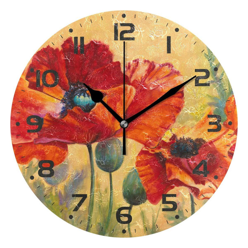NewNest Australia - Naanle Red Poppy Flower Floral Pattern Design Round/Square/Diamond Acrylic Wall Clock Oil Painting Home Office School Decorative Creative Dual Use Clock Art 9.45"x0.2"(Round) 