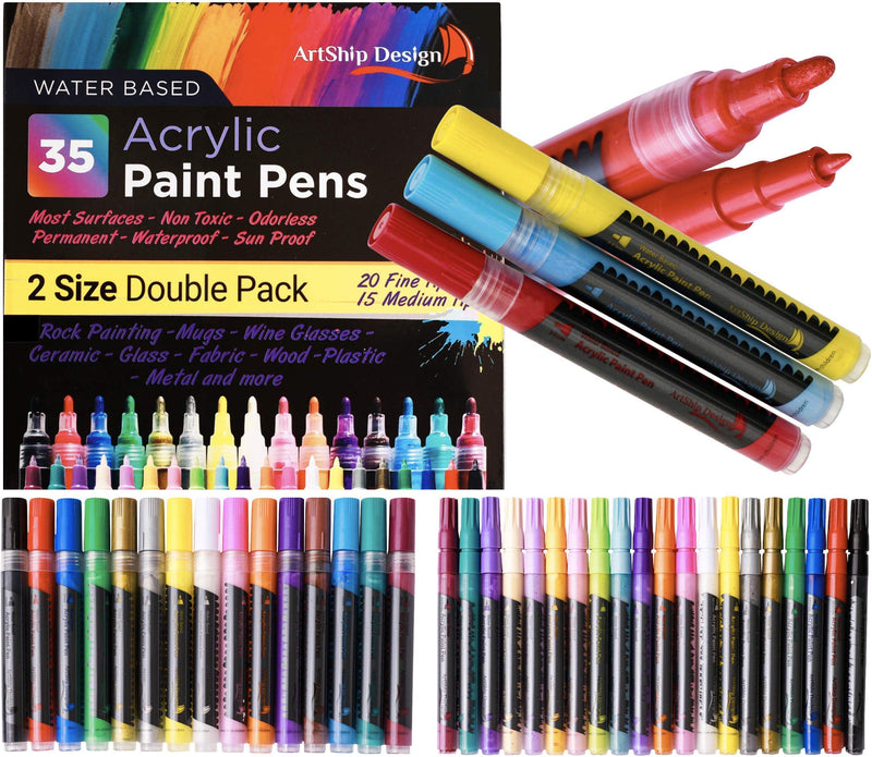 35 Premium Acrylic Paint Pens, Double Pack of Both Extra Fine and Medium Tip, for Rock Painting, Mug, Ceramic, Glass, and Fabric Painting, Water Based Non-Toxic and No Odor 35 Classic - NewNest Australia