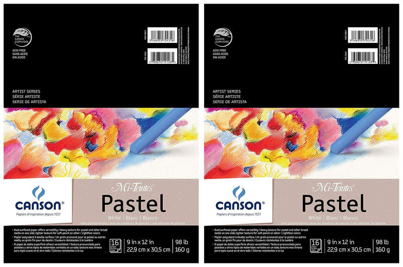 2-Pack - Canson Mi-Teintes Pastel Paper Pad, White with Glassine, Dual Sided Light and Heavy Texture, Top Wire Bound, 98 Pound, 9 x 12 Inch, White, 16 Sheets Each Pack - NewNest Australia