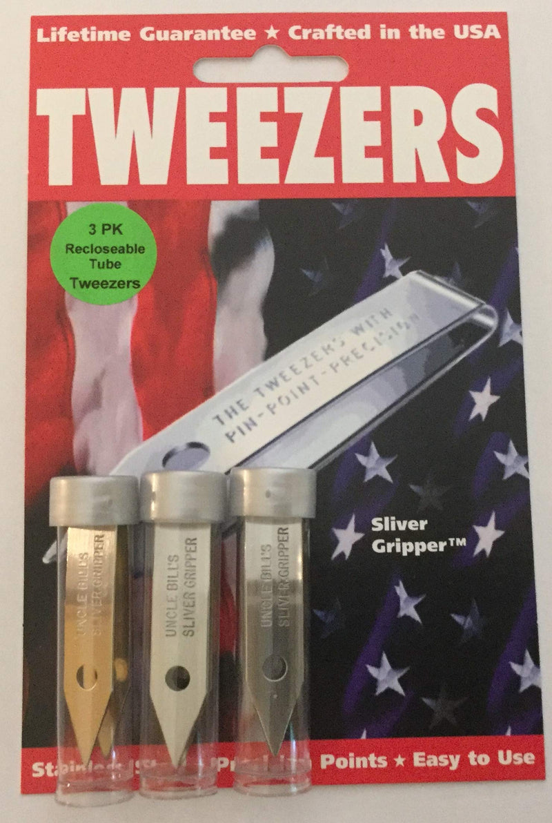 3 Pack Uncle Bill's Sliver Gripper Precision Tweezers in a Recloseable Tube - NewNest Australia