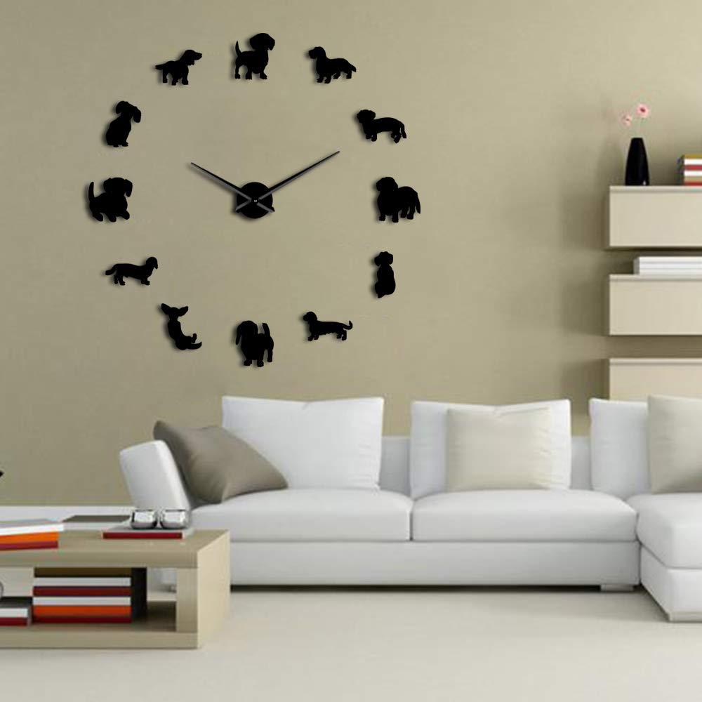 NewNest Australia - The Geeky Days DIY Dachshund Wall Art Wiener-Dog Puppy Dog Pet Frameless Giant Wall Clock with Mirror Effect Sausage Dog Large Clock Wall Watch(Black) Black 