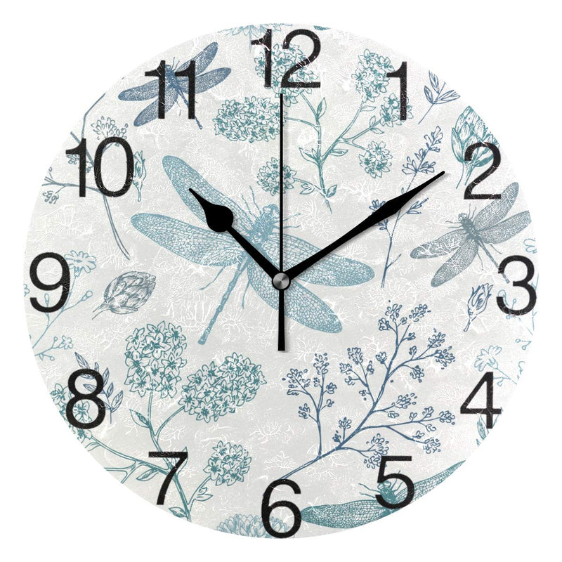 NewNest Australia - senya Blue Dragonfly Round Wall Clock, Silent Non Ticking Oil Painting Decorative for Home Office School Clock Art 