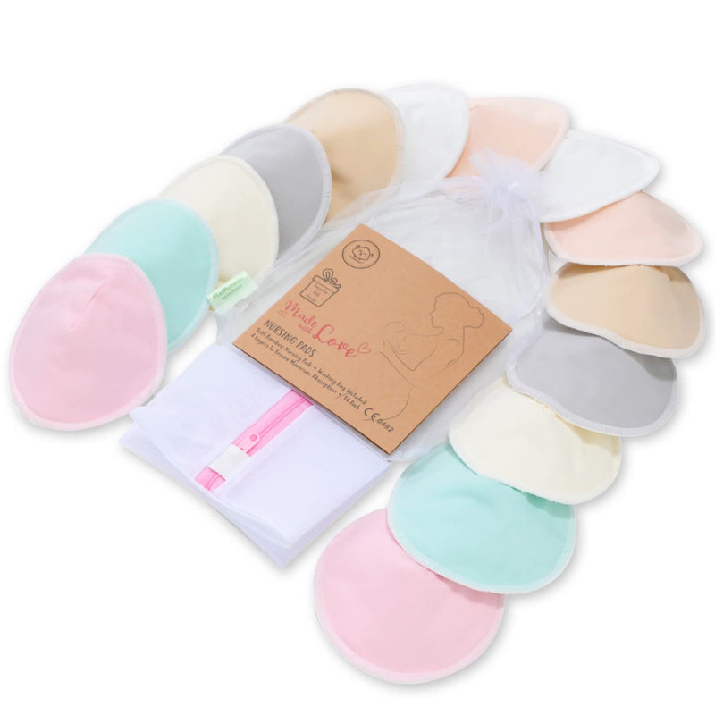 Organic Bamboo Nursing Breast Pads - 14 Washable Pads + Wash Bag - Breastfeeding Nipple Pad for Maternity - Reusable Nipplecovers for Breast Feeding (Pastel Touch, Large 4.8") Large 4.8" Pastel Touch - NewNest Australia