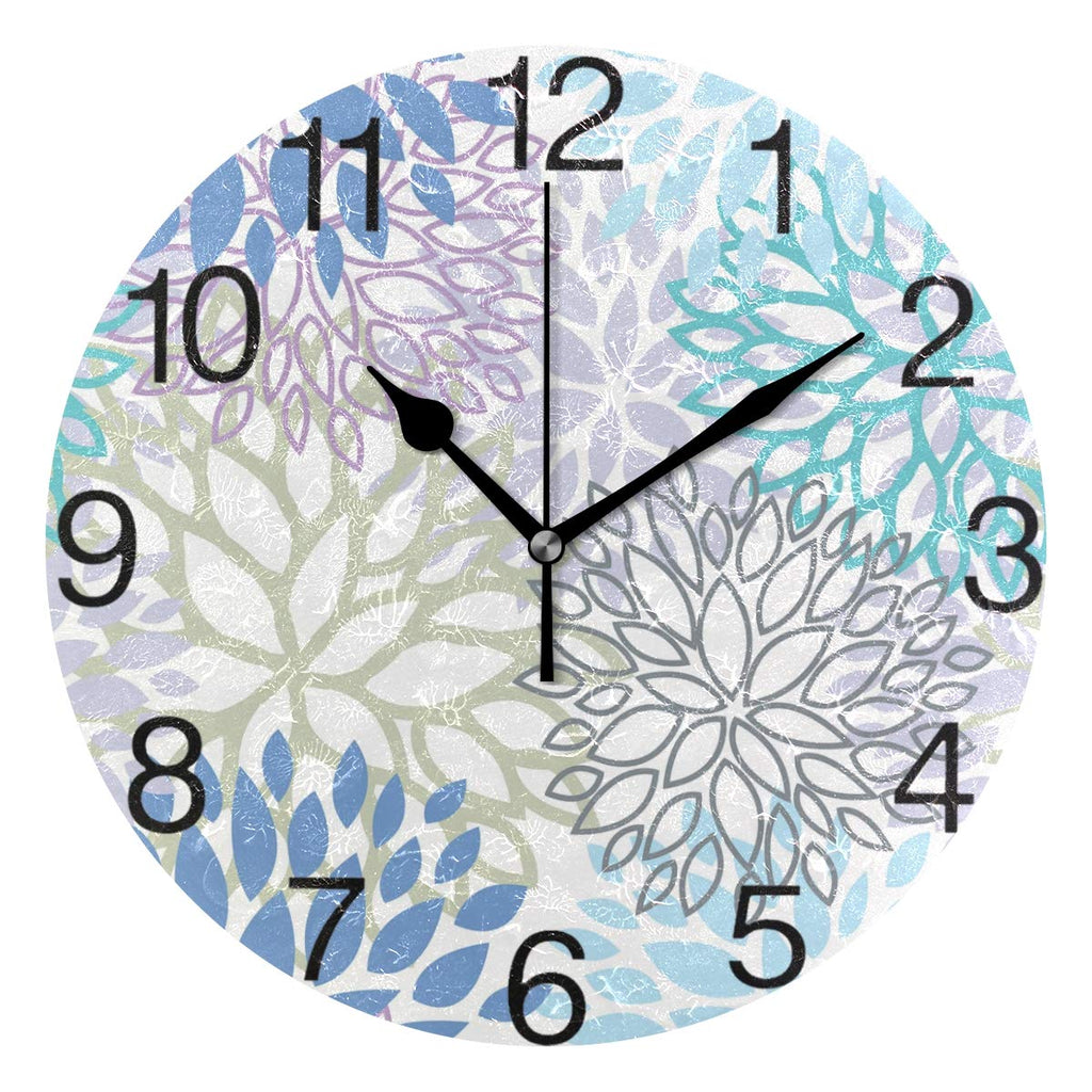 NewNest Australia - White Dahlia Round Wall Clock, Silent Non Ticking Oil Painting Decorative for Home Office School Clock Art, Blue Grey And Purple 