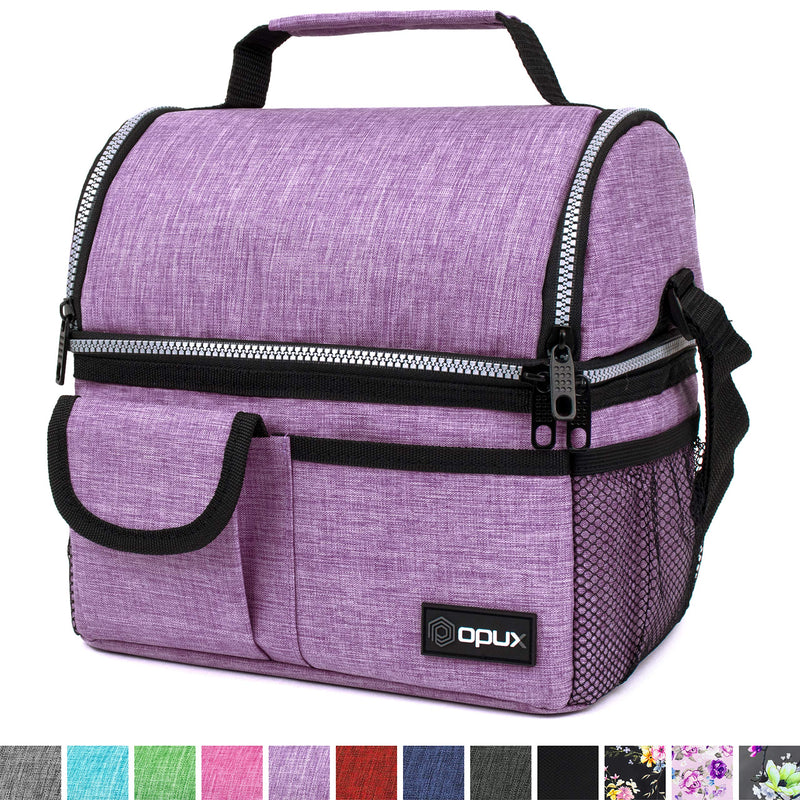 NewNest Australia - OPUX Insulated Dual Compartment Lunch Bag for Women | Double Deck Reusable Lunch Pail Cooler Bag with Shoulder Strap, Soft Leakproof Liner | Large Lunch Box Tote for Work, School (Purple) Heather Purple 