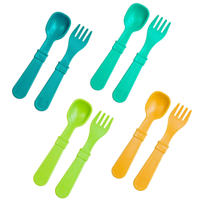 RE-PLAY Made in USA 8pk Toddler Feeding Spoon and Fork Set| Made from BPA Free Eco Friendly Recycled Milk Jugs - Virtually Indestructible | Aqua, Sunny Yellow, Lime & Teal | Dishwasher Safe |Aqua Asst Aqua Asst - NewNest Australia