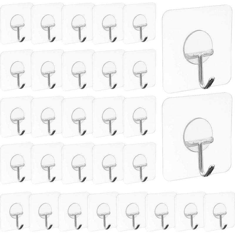 NewNest Australia - 30 Packs Adhesive Hooks Wall Hooks Strong Adhesive Hooks 30 lbs/ 15 kg Seamless Transparent Hooks for Towel Loofah Bathrobe Coats Ceiling Hanger, Waterproof Hooks 