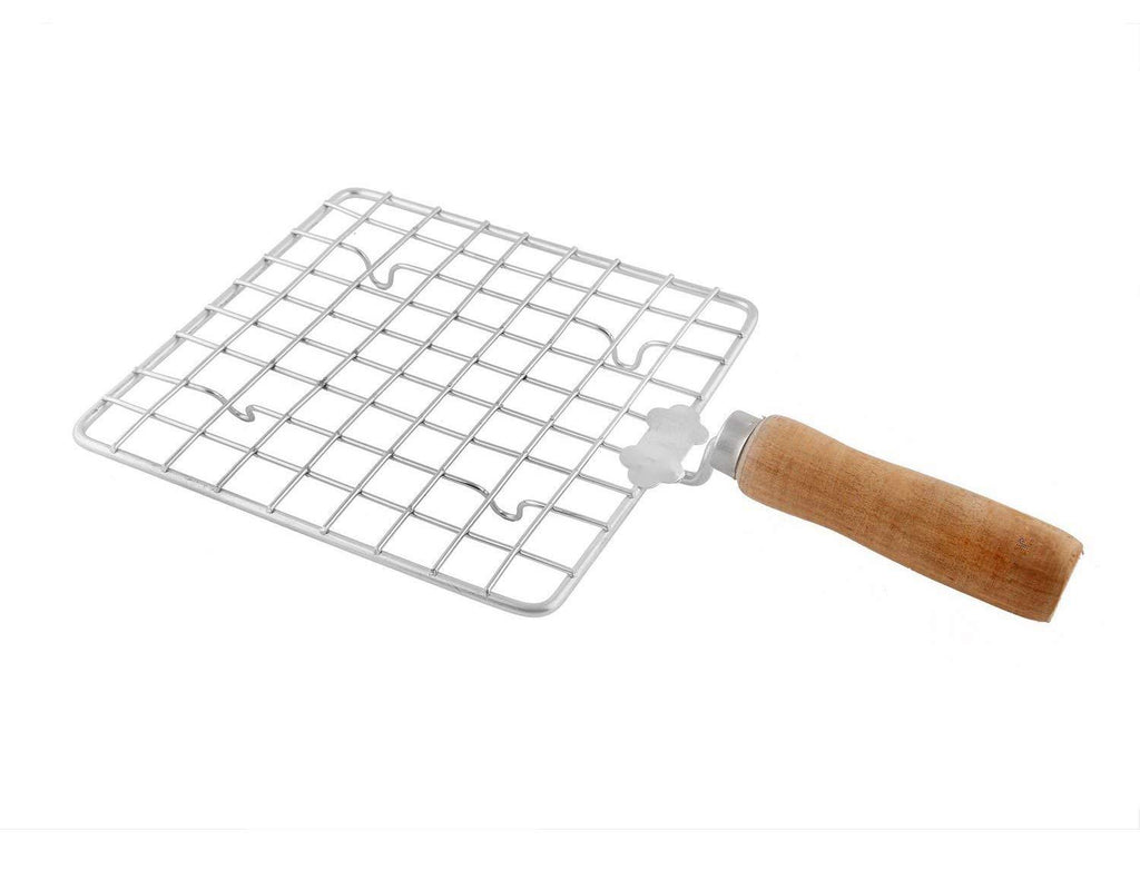 GD Stainless Steel Wire Roaster Papad Jali Roaster Grill Barbecue Grill Wooden Round Handle Square Roasting Net - NewNest Australia