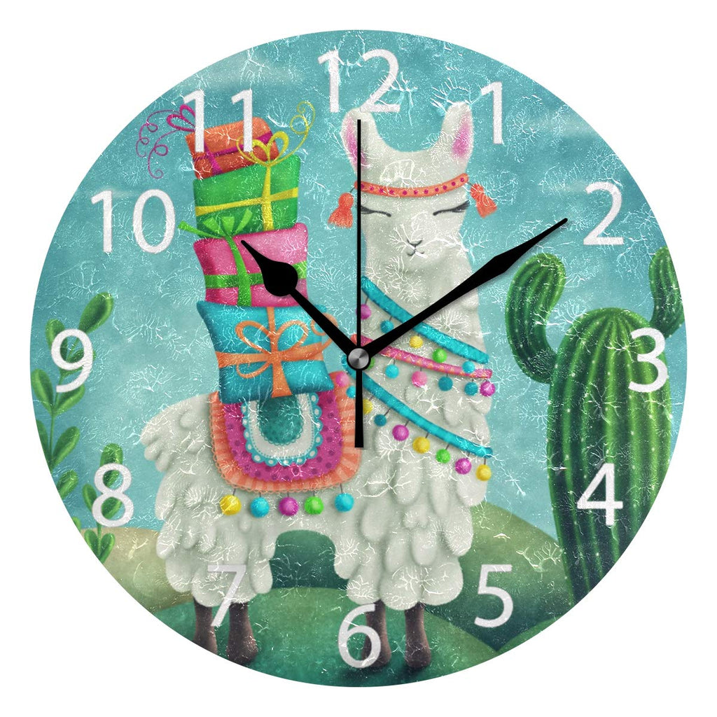 NewNest Australia - senya Cute Llama Round Wall Clock, Silent Non Ticking Oil Painting Decorative for Home Office School Clock Art Color 8 