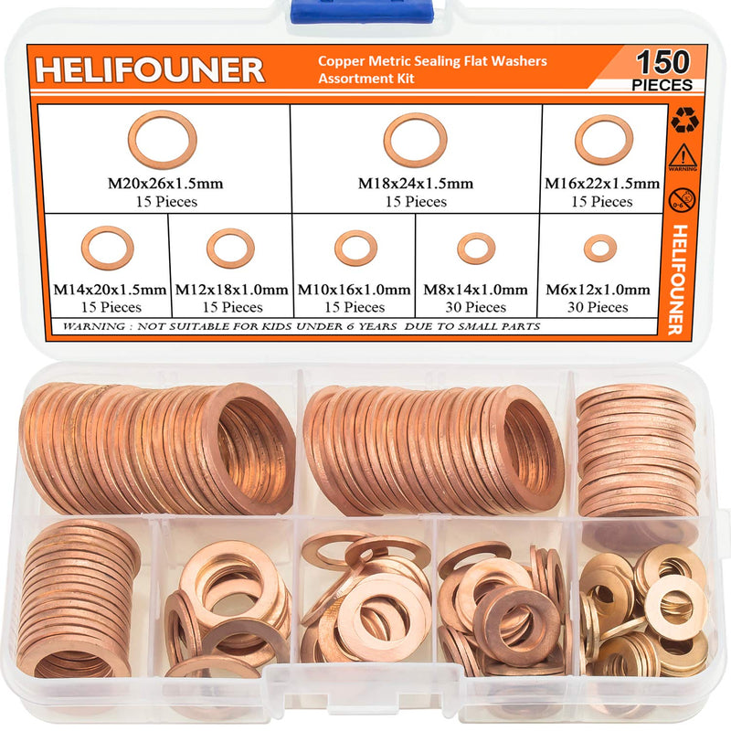 HELIFOUNER Copper Washers, 150PCS 8 Sizes Copper Metric Sealing Washers Flat Washers Assortment Kit - NewNest Australia