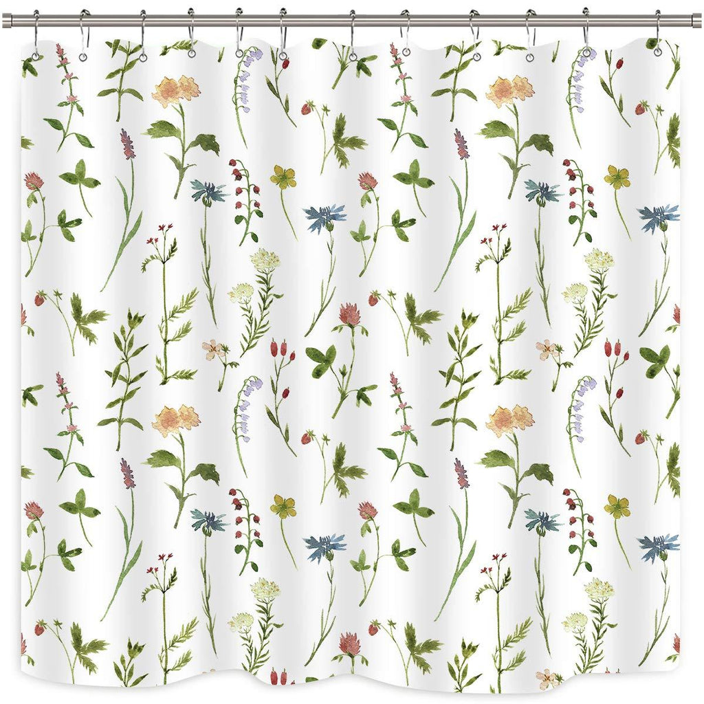 Riyidecor Fabric Floral Shower Curtain Botanical Green Leaves Plant Flower Watercolor Herbs Decor Bathroom 72Wx72H 12 Pack Plastic Shower Hooks Included Watercolor Flower - NewNest Australia