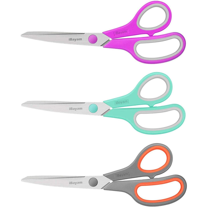 Scissors, iBayam 8" Multipurpose Scissors Bulk Ultra Sharp Shears, Comfort-Grip Sturdy Scissors for Office Home School Sewing Fabric Craft Supplies, Right/Left Handed, 3-Pack, Mint, Grey, Purple - NewNest Australia