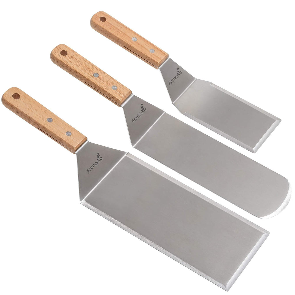 NewNest Australia - Professional Spatula Set - Stainless Steel Pancake Turner and Griddle Scraper 4x8 inch Oversized Hamburger Turner Great for Griddle BBQ Grill and Flat Top Cooking - Commercial Quality Wooden handle set 