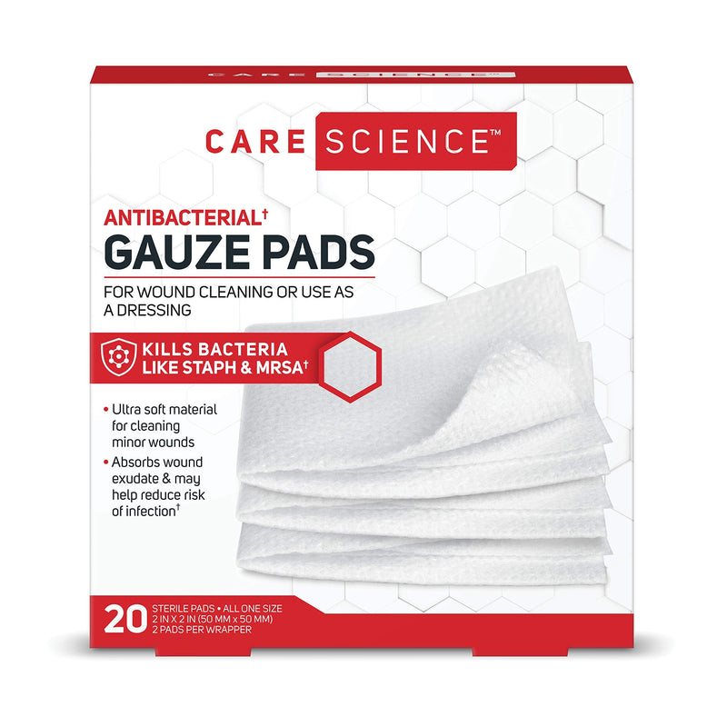 Care Science Antibacterial Sterile Gauze Pads, 20 ct, 2 X 2 | for Cleaning or Covering Wounds as Wound Dressing, Kills Staph & MRSA, Helps Prevent Infection - NewNest Australia