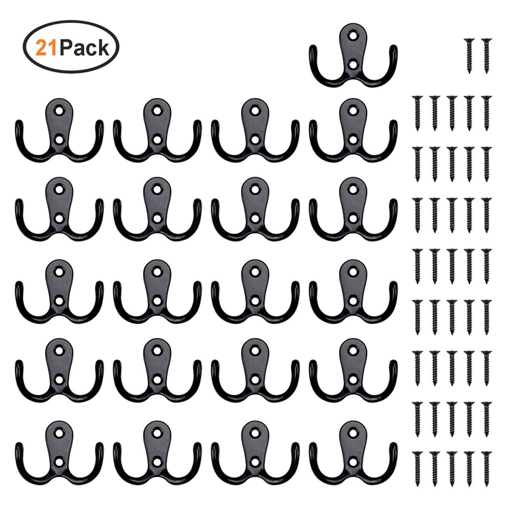 NewNest Australia - 21 Pieces Double Prong Robe Hook Rustic Hooks Retro Cloth Hanger Coat Hanger Wall Mounted Hook with 42 Pieces Screws (Black Color) 