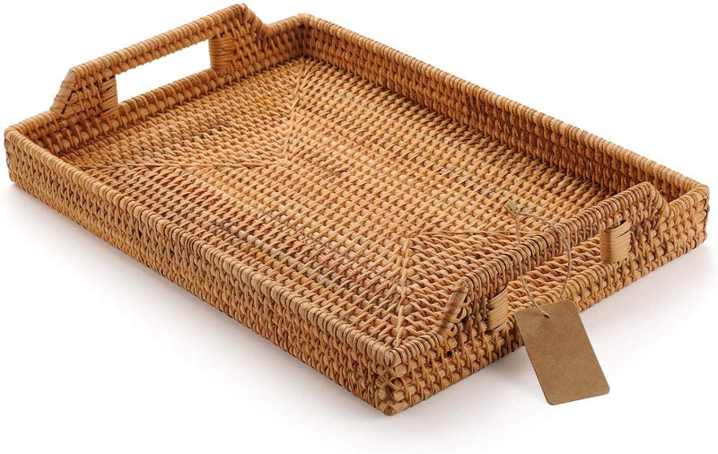 NewNest Australia - DECRAFTS Hand-Woven Rattan Rectangular Serving Tray with Handles for Breakfast, Drinks, Snack for Coffee Table (14.5x10.2x1.4inches) 14.5x10.2x1.4inches 