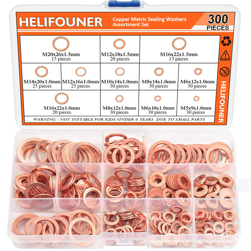 Copper Washer Assortment Set, HELIFOUNER 300 Pieces 12 Sizes Copper Metric Sealing Washers Kit - NewNest Australia