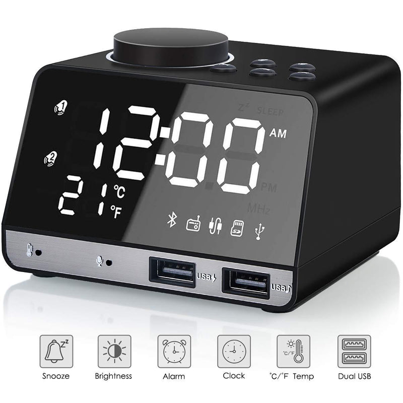 NewNest Australia - Alarm Clock with USB Charger,Digital Alarm Clock Radio for Bedroom with FM, Bluetooth Speaker,Dual Alarms, 4 Brightness Level Large LED Display Temperature/Time, Battery Backup, Snooze Function 