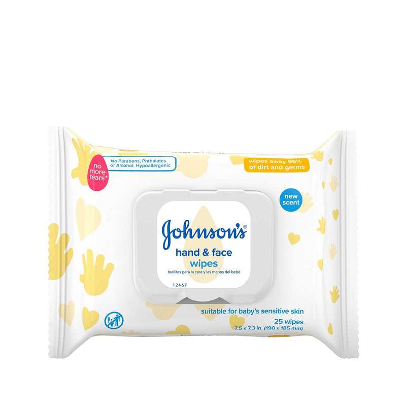 Johnson's Baby Disposable Hand & Face Cleansing Wipes to Gently Remove 99% of Germs & Dirt from Delicate Skin, Pre-Moistened & Allergy-Tested, Paraben-, Phthalate- & Alcohol-Free, 25 ct - NewNest Australia
