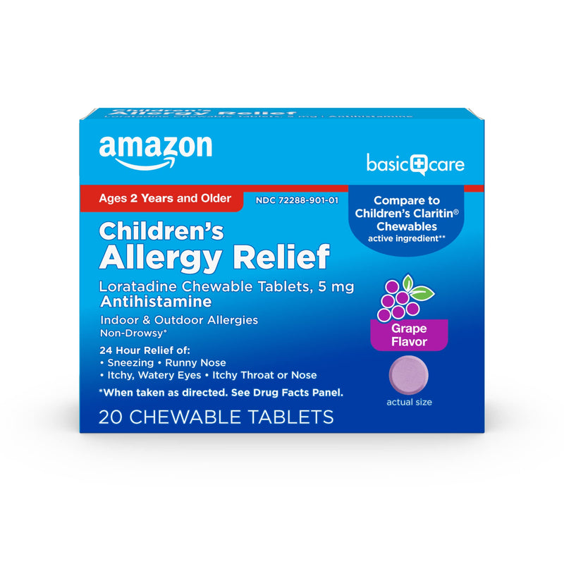 Amazon Basic Care Children's Allergy Relief, Loratadine Chewable Tablets, 5 mg, Grape Flavored, 20 Count 20 Count (Pack of 1) - NewNest Australia