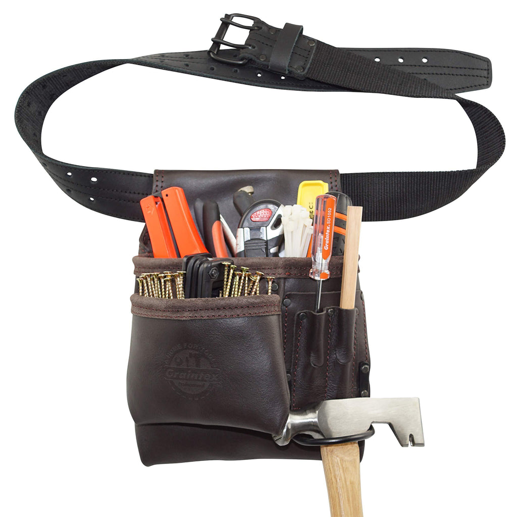 Graintex OS2202 5 Pocket Left Handed Oil Tanned Leather Nail & Tool Pouch Dark Brown Color for Constructor/Electrician/Plumber - NewNest Australia