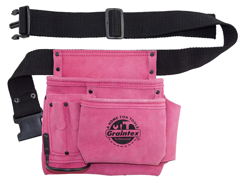 GRAINTEX SS2081 5 Pocket Nail & Tool Pouch Pink Color Suede Leather with 2” Webbing Belt for Constructors, Electricians, Plumbers, Handymen - NewNest Australia