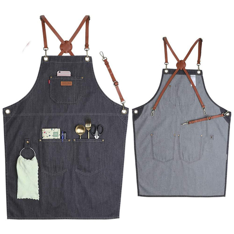 VANTOO Denim Apron for Men Women-Tool Work Apron for Chef Cooking Grill BBQ Garden, Painting Woodworking Apron with Pockets, Towel Loop, Quick Release Buckle, Cross-Back Straps & Adjustable M to XXL Dark Gray-1 - NewNest Australia