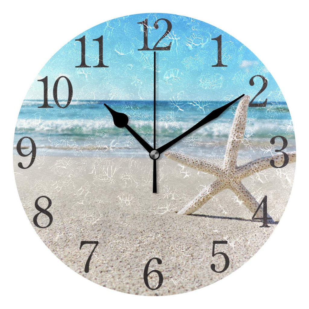 NewNest Australia - SUABO Wall Clock Arabic Numerals Design Starfish On The Beach Round Wall Clock for Living Room Bathroom Home Decorative 